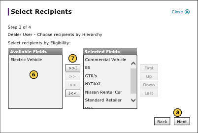 Select dealer recipients by hierarchy, step 3 of 4.